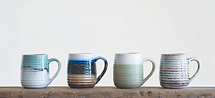 Large Multicolor Stoneware Mugs With Ribbed Sides (set Of 4 Colors), , large