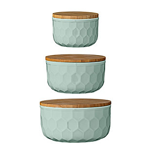 4", 5" And 6" Round Stoneware Bowls With Bamboo Lid, Mint, Set Of 3, Green, large