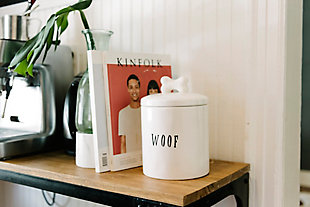 6" Round X 8-1/2"h Ceramic Canister With Bone "woof", , rollover