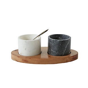 8"l X 4-1/4"w Mango Wood Tray With 2 Marble Bowls With Brass Spoon, White And Black, Set Of 4, , large