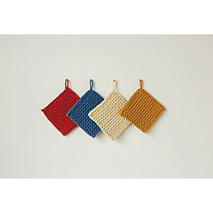 This 4-piece square pot holder set is hot stuff. Its cotton crocheted weave is loaded with feel-good texture. Four assorted hues mix it up in style. You'll be proud to have these pot holders on display and at the ready.Set of 4 | Made of crocheted cotton | In red, blue, white and yellow | 8" square pot holders