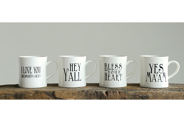 Southern Sayings White With Black Font 10 Ounce Stoneware Coffee Mugs Set of 4 Creative Co-op 