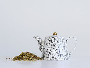 9-1/4"l X 5-1/4"h 32 Oz. Stoneware Teapot, Black Dots With Gold Electroplating, , rollover