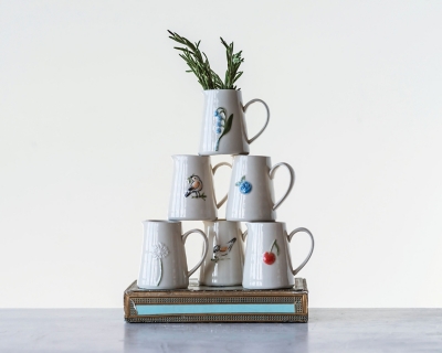 White Stoneware Creamer With Hand-painted And Embossed Birds (set Of 6 Designs), , rollover