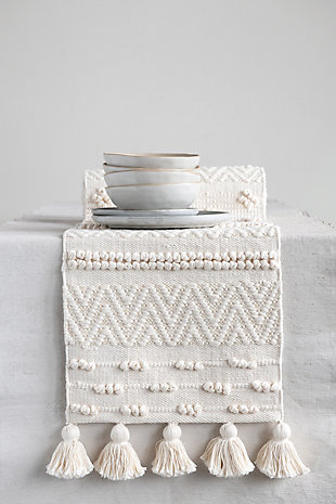 72"l X 14"w Woven Cotton Textured Table Runner With Pom Poms And Tassels, Cream Color, , large