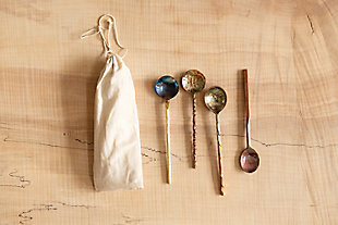 Approximately 7"l Hand-forged Copper Spoons, Burnt Finish, Set Of 4 In Drawstring Bag (each One Will Vary), , rollover