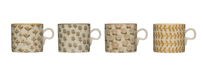 Creative Co-Op 12 Oz. Stoneware Mug (set Of 4 Hand-stamped Patterns), , large