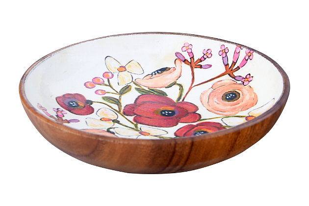 Let your style bloom with this exquisite bowl. Charming with a floral design, this richly crafted bowl is made of enameled acacia wood for earthy-elegant appeal. Be it for dishing out mixed nuts or candy, what an artful addition to any space.Made of enameled acacia wood | Food safe/decorative | 8" round x 1-1/2" h