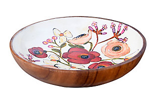 Let your style bloom with this exquisite bowl. Charming with a floral design, this richly crafted bowl is made of enameled acacia wood for earthy-elegant appeal. Be it for dishing out mixed nuts or candy, what an artful addition to any space.Made of enameled acacia wood | Food safe/decorative | 8" round x 1-1/2" h