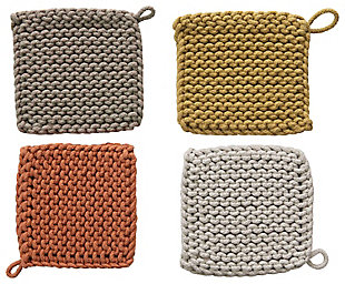 A must-have for any kitchen, these square cotton pot holders are hot stuff. Featuring a handy loop, they can be hung on a hook for easy access. Hang them under the upper cabinets or near the stove so these brightly colored pot holders are conveniently within reach.Set of 4 | Made of cotton | Crocheted weave | 8" square pot holders