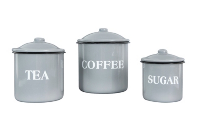 6"h Set 3 Enamel Gray/white Metal Containers (set Of 3), Gray, rollover