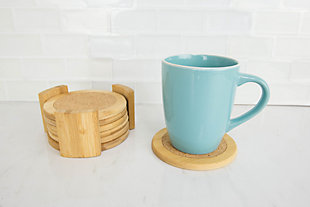 Home Accents 4.5" Bamboo Coaster Set, (Pack of 6) with Holder, Natural, , rollover