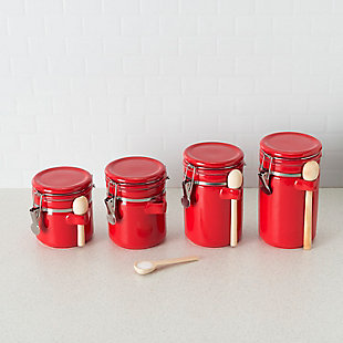 Home Accents 4 Piece Ceramic Canister Set with Wooden Spoons, Red, Red, rollover