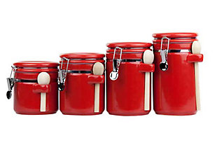 Home Accents 4 Piece Ceramic Canister Set with Wooden Spoons, Red, Red, large