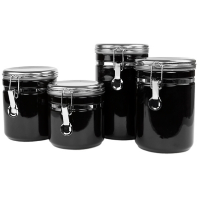 Home Accents 4 Piece  Canister Set with Stainless Steel Tops, Black, large