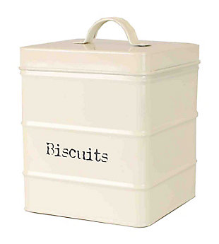 Home Accents Biscuits 2.8 LT Large Vintage Retro Enamel High Strength Tin Square Canister with Tight-Fit Lid and Easy Lift Handle, Ivory, , large
