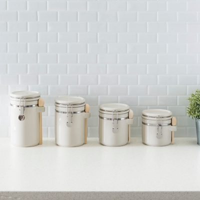 Home Accents 4 Piece Ceramic Canisters with Easy Open Air-Tight Clamp Top Lid and Wooden Spoons, Beige, , rollover