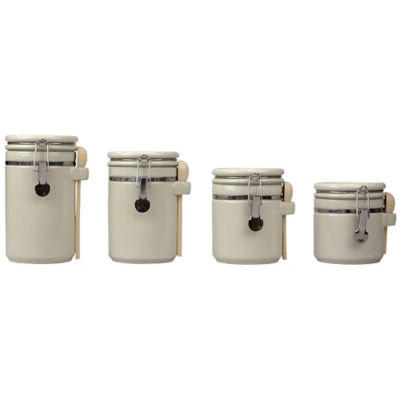 Home Accents 4 Piece Ceramic Canisters with Easy Open Air-Tight Clamp Top Lid and Wooden Spoons, Beige, , large