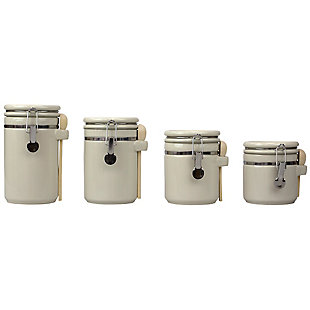 Home Accents 4 Piece Ceramic Canisters with Easy Open Air-Tight Clamp Top Lid and Wooden Spoons, Beige, , large