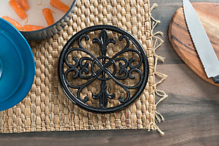 While succulent flavors and sensational aromas are a must for cooking, we all know that presentation is key to bringing your culinary creation together. Instead of storing your fresh out-of-the-oven meals on just any ordinary serving dish, display your finest concoction on this elegant trivet. The  rounded base with sturdy bottoms provides a stable platform, while also protecting tabletops and counters from pot burns and scratches. The intricate fleur de lis pattern graces your table setting with a classic chic charm.Made of cast iron | Protects countertops and tables  from excessive heat and scratches from cookware | Fleur de lis design adds an elegant flair to your kitchen | Heavy duty design and rubber bottoms prevent shifting