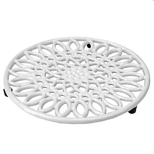 Add a touch of botanical bliss to your kitchen with the help of this Sunflower inspired trivet. Crafted from heavy weight cast iron, its durable construction allows it to withstand high temperatures to up 47 degrees Fahrenheit. Its ornate, sunflower pattern doubles as stylish tableware and makes it both a beautiful addition to the kitchen and dining room for both everyday use and special occasion. Use this metal trivet to keep scratches and excessive heat from damaging your surfaces. Or use as decorative trivet to serve up a piping hot festive dish during the holidays.Perfect for keeping counters and tables free from scratches and heat: an elegant replacement for those old pot holders and towels, this trivet keeps your counter and dining table safe from scorching hot serving dishes and meals. | Elevated to keep hot dishes from directly touching the table and countertop: the base is raised to ensure that no heat will have any contact with your home’s surfaces. Perfect to display on the counter, table, kitchen island, and never worry about damage | Cheerful sunflower design: ornate sunflower detailing adds a cheerful touch to the kitchen | High quality design: made of heavy duty cast iron, it features a thick, durable enamel coating that resists rust.