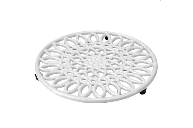 Add a touch of botanical bliss to your kitchen with the help of this Sunflower inspired trivet. Crafted from heavy weight cast iron, its durable construction allows it to withstand high temperatures to up 47 degrees Fahrenheit. Its ornate, sunflower pattern doubles as stylish tableware and makes it both a beautiful addition to the kitchen and dining room for both everyday use and special occasion. Use this metal trivet to keep scratches and excessive heat from damaging your surfaces. Or use as decorative trivet to serve up a piping hot festive dish during the holidays.Perfect for keeping counters and tables free from scratches and heat: an elegant replacement for those old pot holders and towels, this trivet keeps your counter and dining table safe from scorching hot serving dishes and meals. | Elevated to keep hot dishes from directly touching the table and countertop: the base is raised to ensure that no heat will have any contact with your home’s surfaces. Perfect to display on the counter, table, kitchen island, and never worry about damage | Cheerful sunflower design: ornate sunflower detailing adds a cheerful touch to the kitchen | High quality design: made of heavy duty cast iron, it features a thick, durable enamel coating that resists rust.