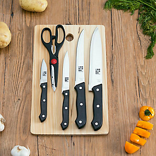 Home Accents Essentials Series 5 Piece Stainless Steel Knife Set with All Natural Wood Cutting Board, , rollover