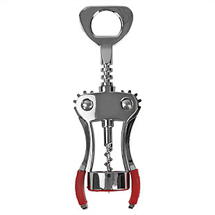 Home Accents Winged Zinc Plated Steel Cork Screw Wine Opener with Rubberized Grips, Red, , large
