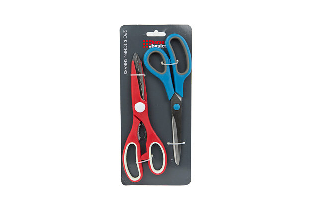 Cut meat, twine, vegetables with these stainless steel kitchen shears. Complete with a non-slip grip, it provides a comfortable and stable handling when cutting a variety of items.Multi-purpose kitchen shears with razor sharp stainless steel blades precisely cut and trim poultry, fish meat, leafy herbs, and more | Serrated scissor features built in serrated blade between handle that doubles as bottle opener and nut cracker | Soft grip handles prevent fatigue | Made  of high stainless steel blades, these scissors kitchen shears make quick work for everyday  cutting and prepping tasks
