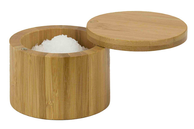 Place it on the counter by the stove. Leave it out on the table.  The  warm finish and  rich vertical graining of this bamboo salt box is guaranteed to  look just as good no matter where you display it. Equipped with a swivel operated lid, simply flick open the magnetic hinged top to grab spices while cooking, baking or seasoning.   Then nudge the lid shut to keep all the flavors in. The wide diameter top is just spacious enough to allow you to stick 3-4 fingers in to get that perfect pinch of salt while you cook. While great to use for salt, it’s also perfect for storing sugar, and other dried herbs or seasonings and even small office supplies and jewelry.Perfect for storing salt, gourmet salts, dried herbs and seasonings | Easy one-hand swipe lid keeps seasonings securely in place and accessible while prepping | Magnetic latch ensures flavors  stay in and dust and outside elements out | Made of eco-friendly bamboo