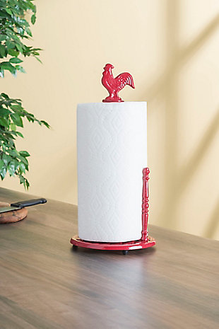 Home Accents Cast Iron Rooster Paper Towel Holder, Red, Red, rollover