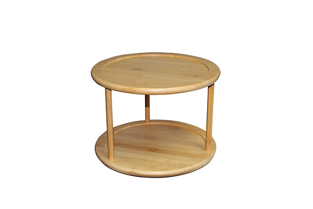 Stop wasting time rummaging through stuffed drawers and crowded cabinets to find what you need. This two-tier bamboo lazy Susan lets you keep handy all the things you need for cooking, like your favorite condiments and seasonings. This turntable features an all-natural bamboo finish that sits perfectly on any style of countertop. The smooth rotation makes it quick and easy to grab items, allowing you more time to focus on preparing (and enjoying) your meals.Made of bamboo | Neatly store condiments, seasonings and more | Simple design to fit any kitchen style | Easy to assemble