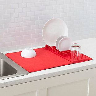 Home Basics Low Profile Plastic Dish Drying Rack with Buttoned Micro Fiber Drying Mat, Red, , rollover
