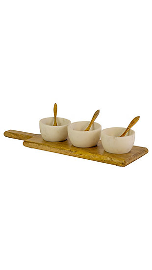 3 White Stone Serving Bowls with Mango Wood Spoons and Base, , large