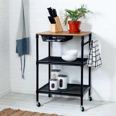 Medford 36-Inch Kitchen Cart With Wheels, Storage Drawer and Handle, Black