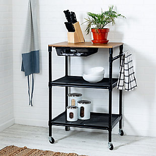 Medford 36-Inch Kitchen Cart With Wheels, Storage Drawer and Handle, Black, , rollover