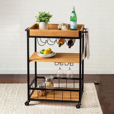 Lynn Industrial Rolling Bar Cart With Removable Serving Tray, Black/Gray