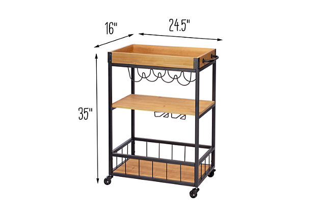 Let this industrial bar cart be the life of the party as a rolling bartender, or as a hot spot on movie night. Its removable tray top lets you take snacks right to your guests, and there’s extra storage for up to four bottles of wine and stemware, too. Its durable wheels not only glide smoothly but also lock for stability.Made of metal and engineered wood | Steel frame | 3 shelves with natural finish; top shelf is removable tray | 4-bottle wine rack | Towel bar | Locking casters | Assembly required