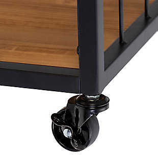 Let this industrial bar cart be the life of the party as a rolling bartender, or as a hot spot on movie night. Its removable tray top lets you take snacks right to your guests, and there’s extra storage for up to four bottles of wine and stemware, too. Its durable wheels not only glide smoothly but also lock for stability.Made of metal and engineered wood | Steel frame | 3 shelves with natural finish; top shelf is removable tray | 4-bottle wine rack | Towel bar | Locking casters | Assembly required