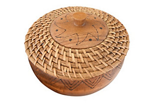 The gorgeous wood grains of this round wood and woven rattan bowl make a unique and distinctive statement sure to attract attention. Its contents will be kept securely hidden undeath an amazing decorative lid with burned design. When not in use, this warm, beautifully patterned bowl can be displayed on a shelf or table as an amazing decorative accent.Made of acacia wood and rattan | Round wood bowl | Single woven rattan and wood lid | Imported