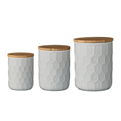 Bloomingville Set Of 3 White Stoneware Canisters With Bamboo Lids, , large