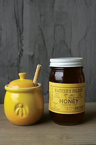 Creative Co-Op Yellow Stoneware Honey Pot With Lid & Wood Honey Dipper (set Of 2 Pieces), , rollover