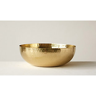 This beautiful gold bowl can be used for entertaining at your next dinner.  Fill it with a delightful salad or other scrumptious food items.  It is 14 inches round and needs to be hand washed.Metal construction | Bright gold finish | Hand wash only | 14"l x 14"w x 4.5"h