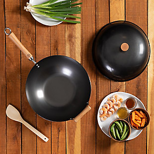 Joyce Chen Joyce Chen Classic Series Carbon Steel Nonstick Wok Set with Lid and Birch Handles (4 Pieces), Black, rollover