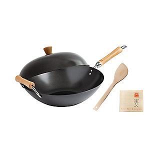 Joyce Chen Joyce Chen Classic Series Carbon Steel Nonstick Wok Set with Lid and Birch Handles (4 Pieces), Black, large