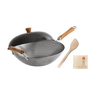 Joyce Chen Joyce Chen Classic Series Uncoated Carbon Steel Wok Set with Lid and Birch Handles (4 Pieces), Silver, large