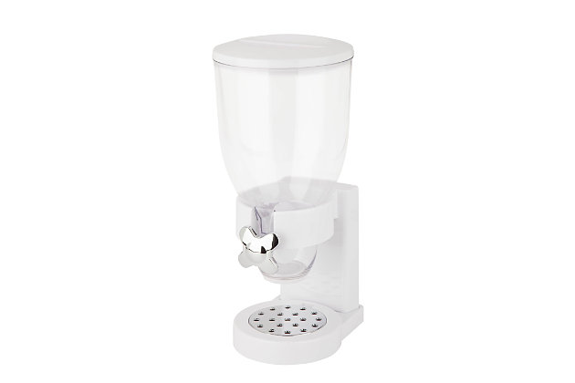 Suitable for a wide variety of dry foods, this convenient storage and portion control solution dispenses approximately one ounce with each twist. Ideal for parents and health-conscious consumers. The canister holds 17.5 ounces of dry food.Made with plastic | Holds up to 17.5 ounces; dispense 1 ounce per twist | Self-serve mechanism bolsters kids' independence | Preserves freshness for up to 45 days to minimize waste | Perfect for cereal, trail mix, candy, granola, nuts, beans, rice and more | Assembly required