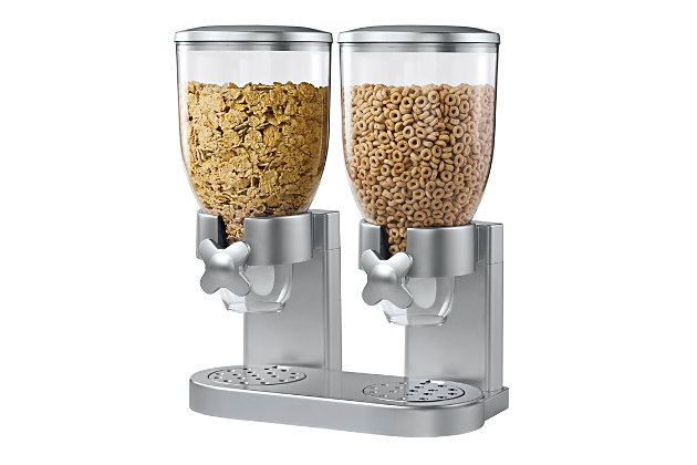 If you thought cereal for breakfast couldn't get any easier, think again. This double cereal dispenser eliminates the struggle with box tops and bags, keeping cereal fresh for up to 45 days. With one twist of the knob, you'll know you've poured yourself one ounce of cereal, making portion control so easy, a kid could do it. Clever families also use these cereal dispensers for other snacks, such as candy and nuts-or even use them to mete out food for family pets.Made with plastic | 2 plastic canisters together keep 35 ounces of cereal and snacks fresh | Portion-control dispenser shells out 1 ounce per twist | Preserves freshness for up to 34 days to minimize waste | Doubles as dry food dispenser for nuts, candy, granola and more | Assembly required