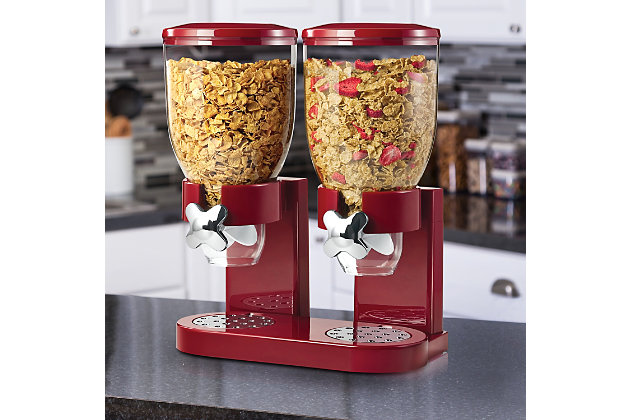They say the color red is supposed to stimulate the appetite, so on the rare occasion your kids aren't ready for breakfast, this crimson cereal dispenser should pique their hunger. And they won't have to wait for you to pour them a bowl-they'll be able to get their own breakfast in just a couple of twists. This dispenser is not only handy, but it also keeps cereal fresher longer than the box it came in. You can also use it for nuts, candy and other similar nibbly snacks.Made with plastic | 2 plastic canisters together keep 35 ounces of cereal and snacks fresh | Portion-control dispenser shells out 1 ounce per twist | Preserves freshness for up to 34 days to minimize waste | Doubles as dry food dispenser for nuts, candy, granola and more | Assembly required