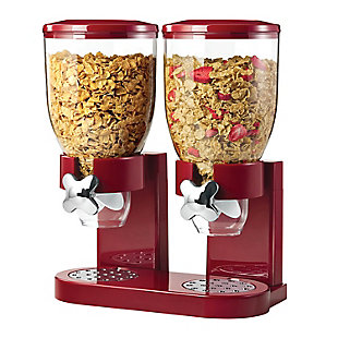 They say the color red is supposed to stimulate the appetite, so on the rare occasion your kids aren't ready for breakfast, this crimson cereal dispenser should pique their hunger. And they won't have to wait for you to pour them a bowl-they'll be able to get their own breakfast in just a couple of twists. This dispenser is not only handy, but it also keeps cereal fresher longer than the box it came in. You can also use it for nuts, candy and other similar nibbly snacks.Made with plastic | 2 plastic canisters together keep 35 ounces of cereal and snacks fresh | Portion-control dispenser shells out 1 ounce per twist | Preserves freshness for up to 34 days to minimize waste | Doubles as dry food dispenser for nuts, candy, granola and more | Assembly required